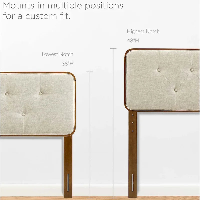 Tête de lit Glendale traditionnelle en tissu beige touffetée à boutons, taille grand lit, en bois de noyer