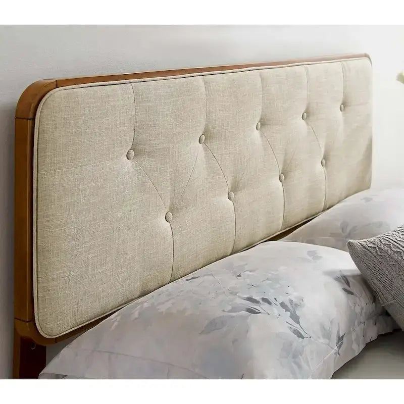 Tête de lit Glendale traditionnelle en tissu beige touffetée à boutons, taille grand lit, en bois de noyer