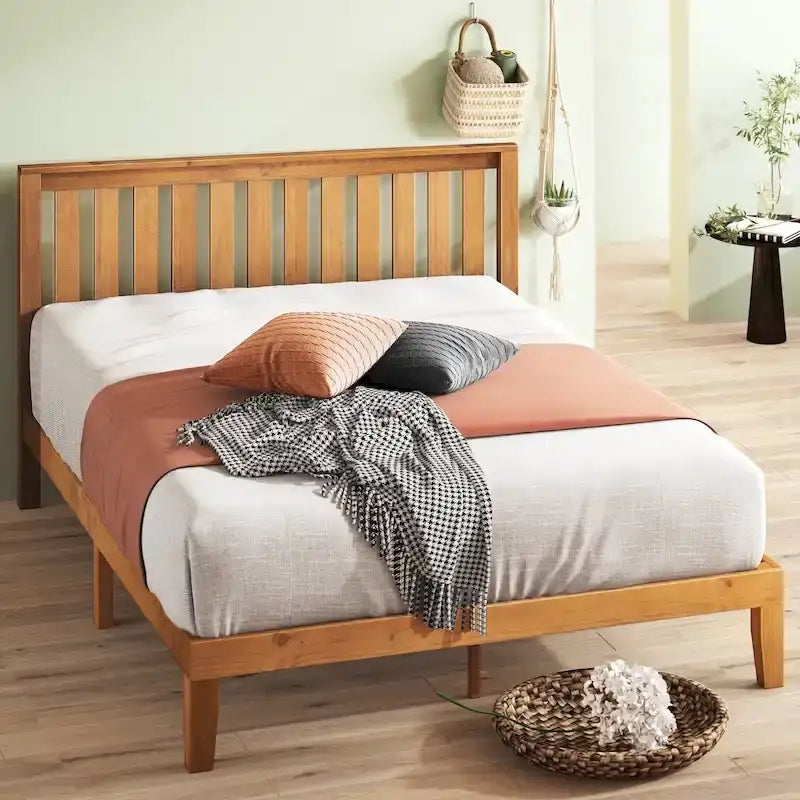 Priage by ZINUS Rustic Pine Wood Platform Bed Frame with headboard