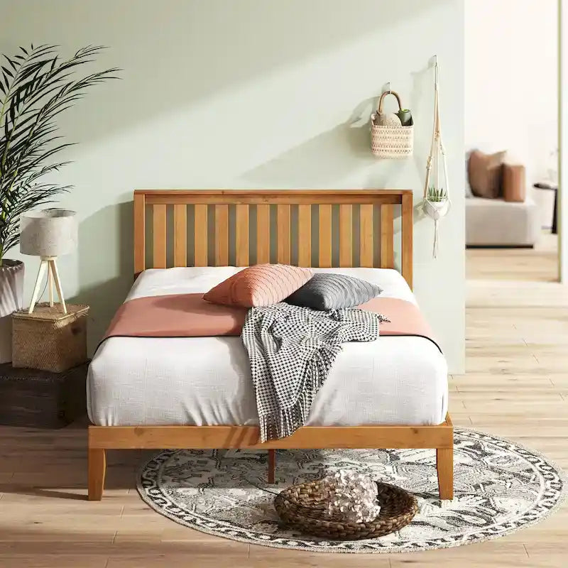 Cadre de lit plateforme rustique en pin avec tête de lit – Aucun sommier tapissier requis