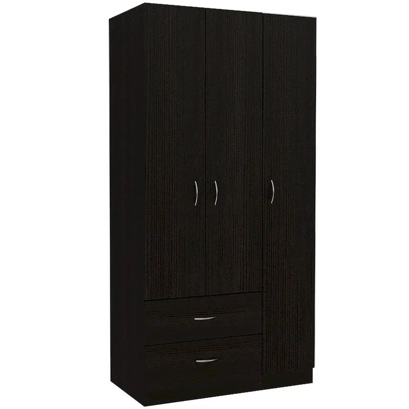 Armoire 3 portes avec tiroirs, étagères et penderie