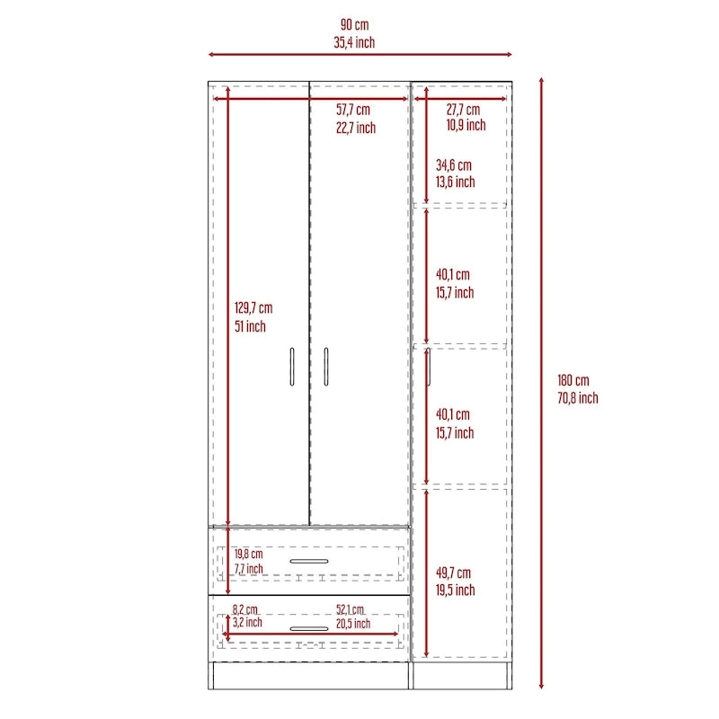 Armoire 3 portes avec tiroirs, étagères et penderie