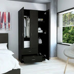 Armoire 3 portes avec tiroirs, étagères et penderie