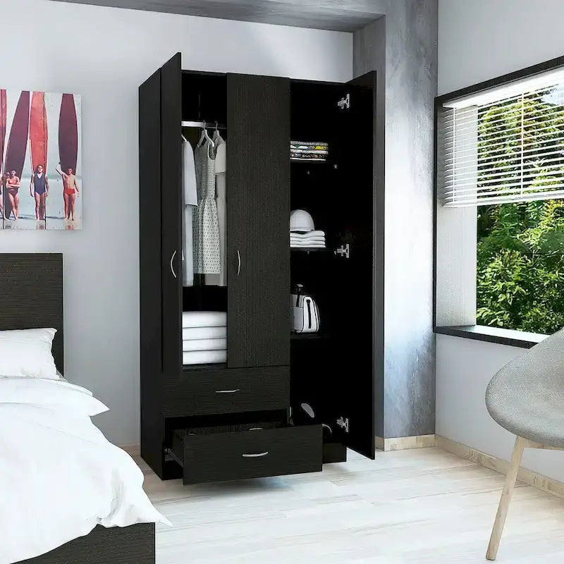 Armoire 3 portes avec tiroirs, étagères et penderie