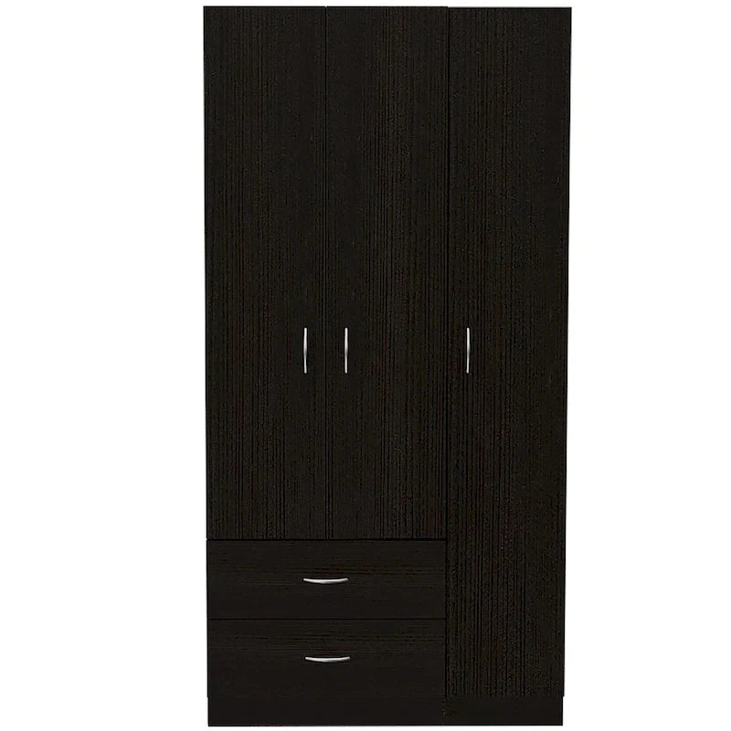 Armoire 3 portes avec tiroirs, étagères et penderie