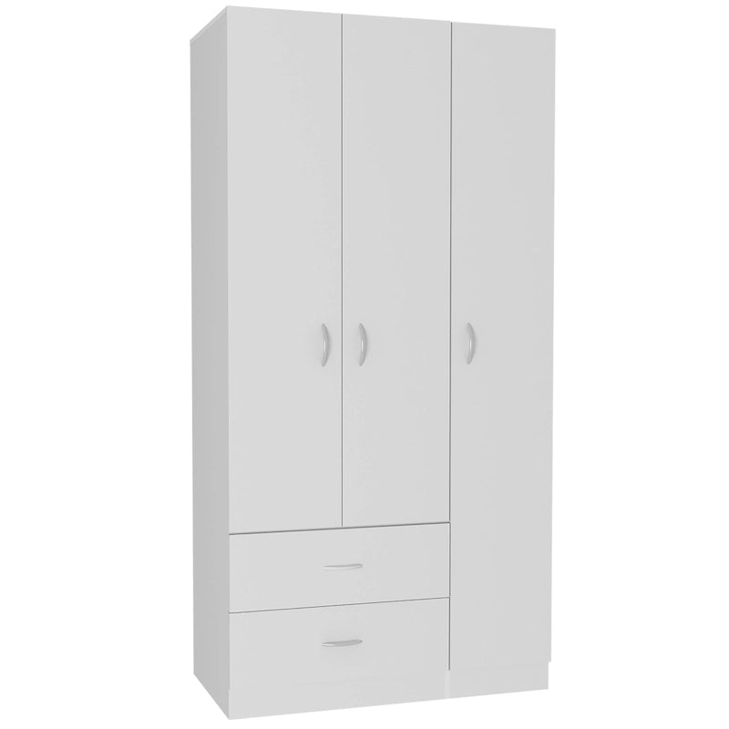 Armoire 3 portes avec tiroirs, étagères et penderie