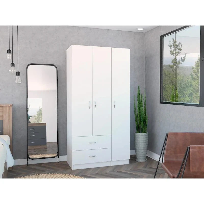 Armoire 3 portes avec tiroirs, étagères et penderie
