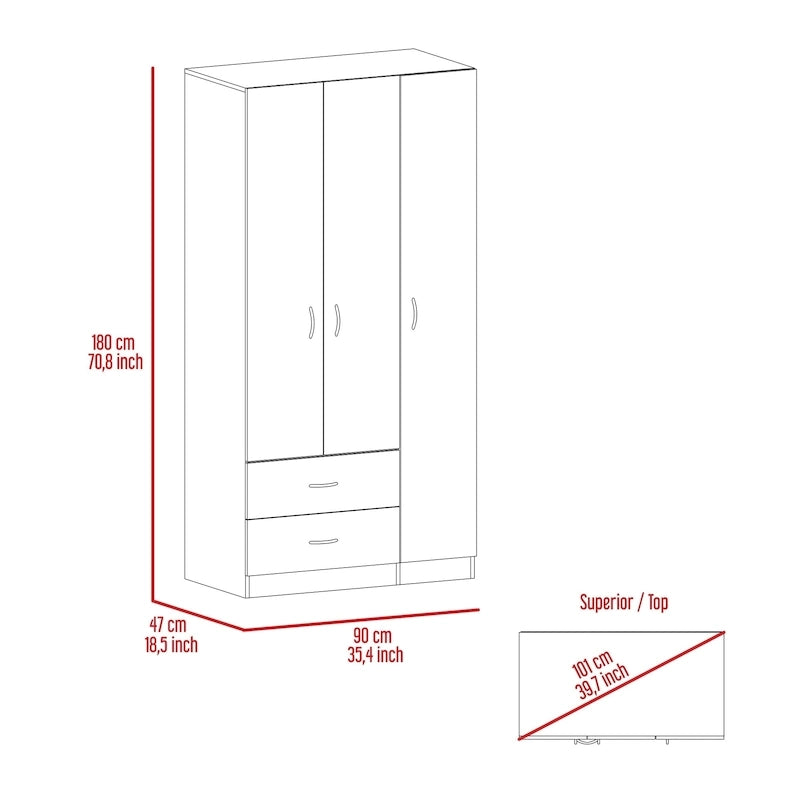 Armoire 3 portes avec tiroirs, étagères et penderie