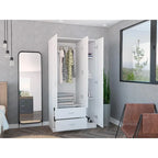 Armoire 3 portes avec tiroirs, étagères et penderie