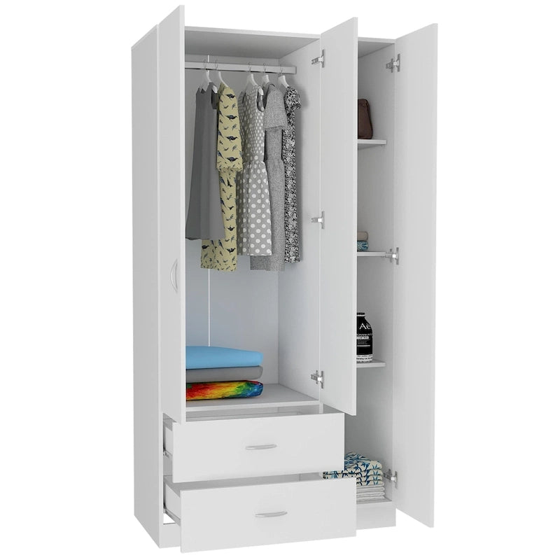 Armoire 3 portes avec tiroirs, étagères et penderie