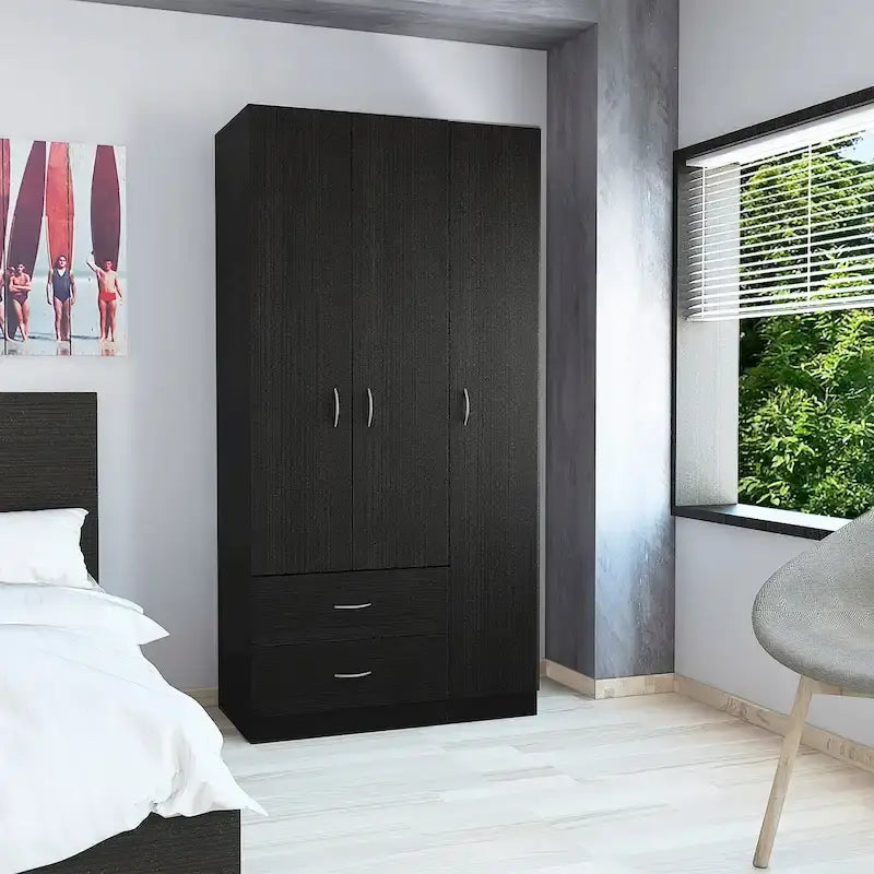 Armoire 3 portes avec tiroirs, étagères et penderie