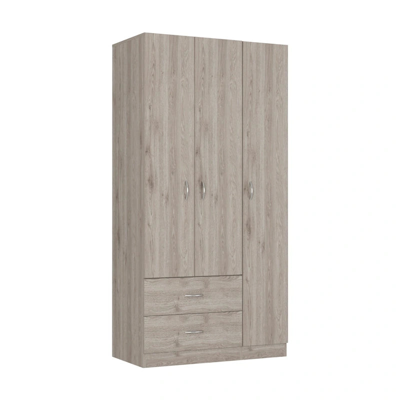 Armoire 3 portes avec tiroirs, étagères et penderie