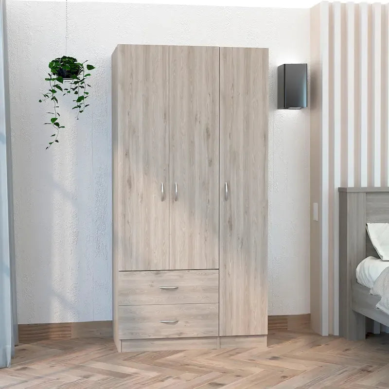 Armoire 3 portes avec tiroirs, étagères et penderie
