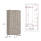 Armoire 3 portes avec tiroirs, étagères et penderie
