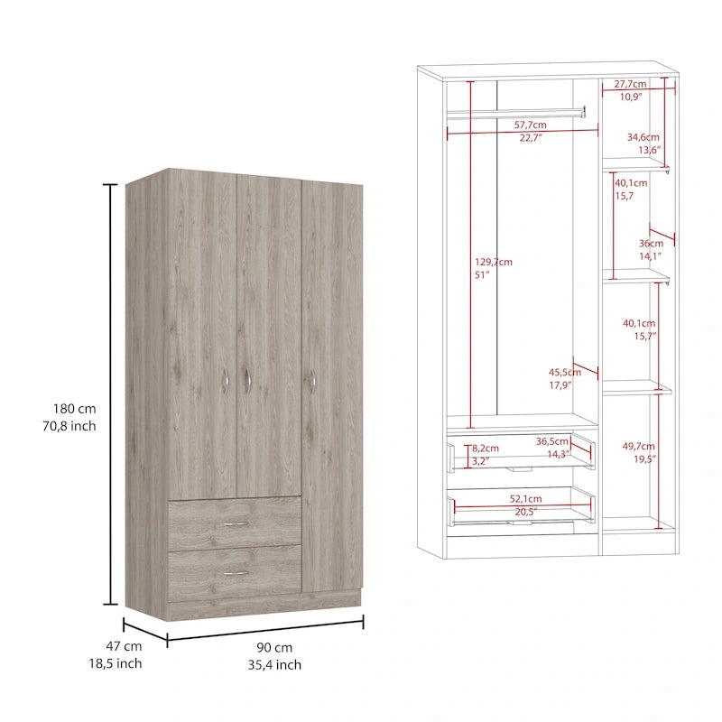 Armoire 3 portes avec tiroirs, étagères et penderie