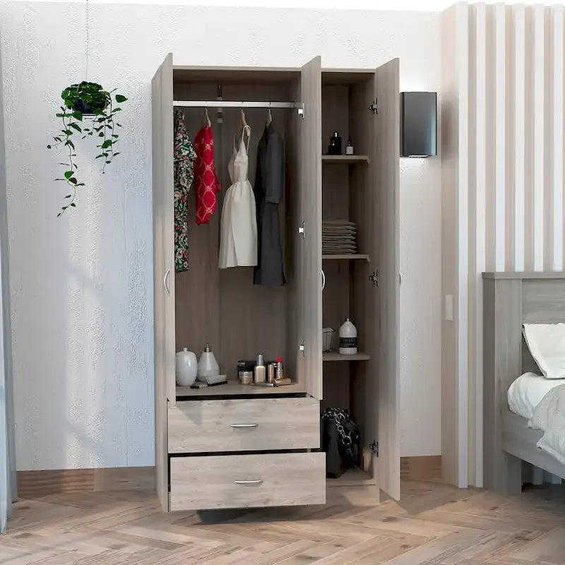 Armoire 3 portes avec tiroirs, étagères et penderie