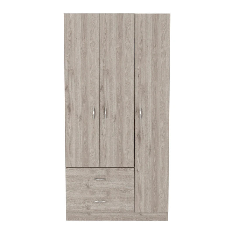 Armoire 3 portes avec tiroirs, étagères et penderie