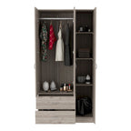 Armoire 3 portes avec tiroirs, étagères et penderie
