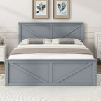 Lit plateforme double en bois avec quatre tiroirs de rangement et pieds de soutien, gris