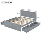 Lit plateforme double en bois avec quatre tiroirs de rangement et pieds de soutien, gris