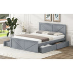 Lit plateforme double en bois avec quatre tiroirs de rangement et pieds de soutien, gris