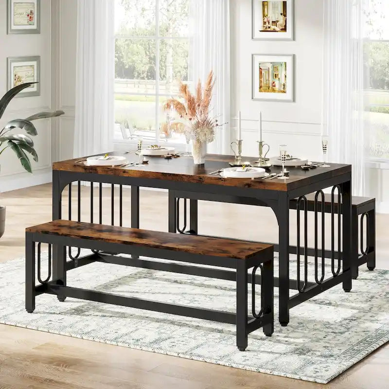 Table de cuisine de 140 cm avec 2 bancs, ensemble de salle à manger pour 4 à 6 personnes