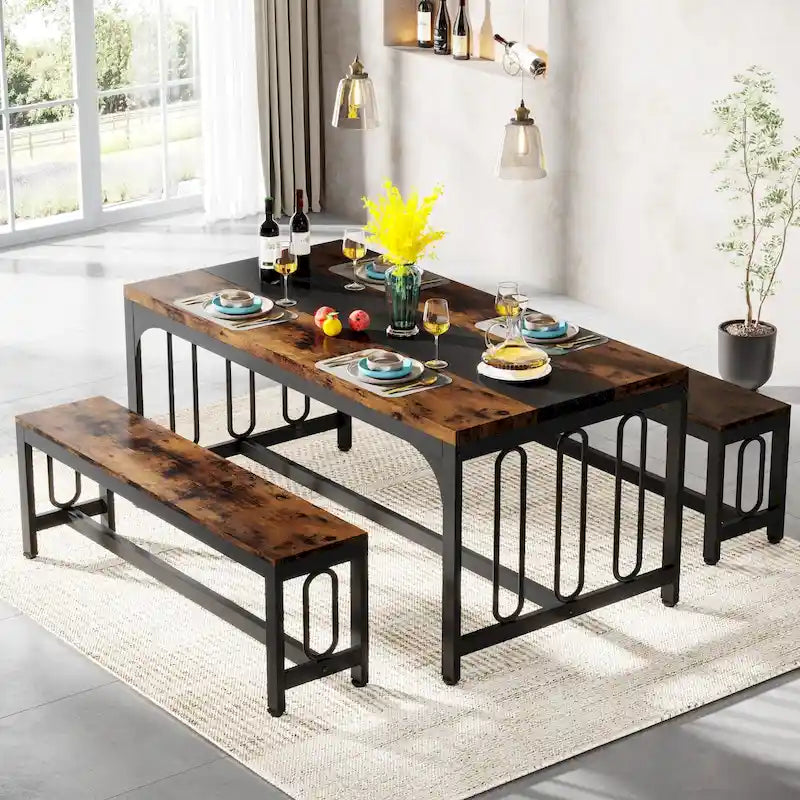 Table de cuisine de 140 cm avec 2 bancs, ensemble de salle à manger pour 4 à 6 personnes