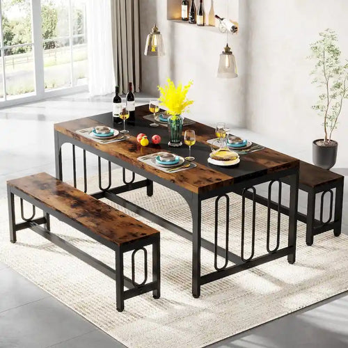Table de cuisine de 140 cm avec 2 bancs, ensemble de salle à manger pour 4 à 6 personnes