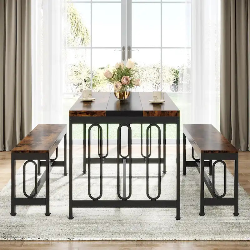 Table de cuisine de 140 cm avec 2 bancs, ensemble de salle à manger pour 4 à 6 personnes