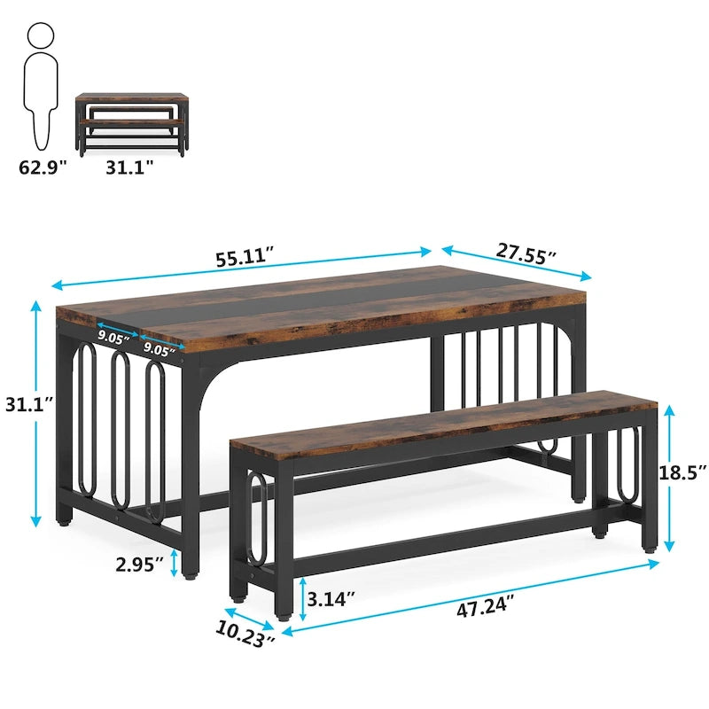 Table de cuisine de 140 cm avec 2 bancs, ensemble de salle à manger pour 4 à 6 personnes