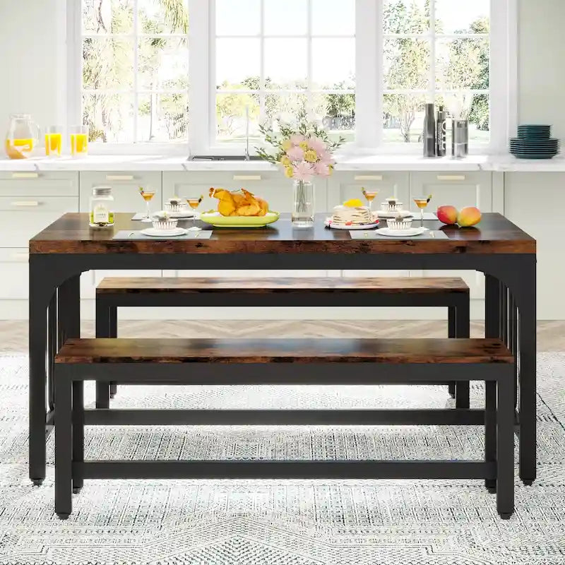 Table de cuisine de 140 cm avec 2 bancs, ensemble de salle à manger pour 4 à 6 personnes