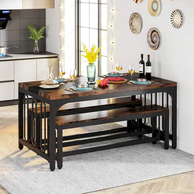 Table de cuisine de 140 cm avec 2 bancs, ensemble de salle à manger pour 4 à 6 personnes