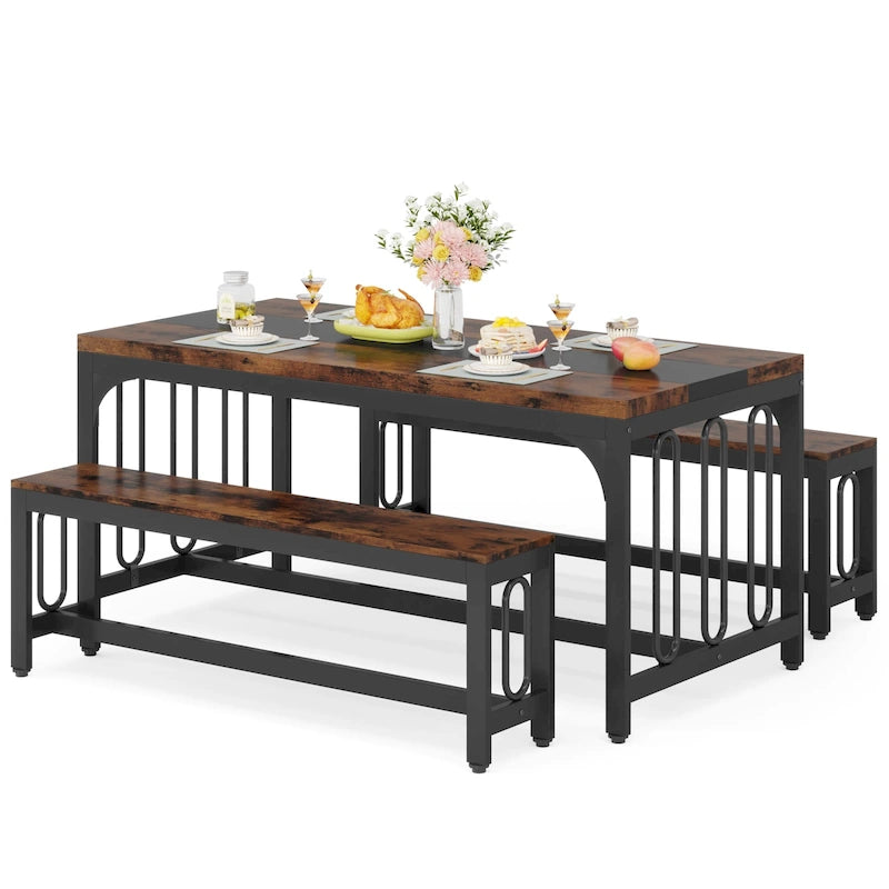 Table de cuisine de 140 cm avec 2 bancs, ensemble de salle à manger pour 4 à 6 personnes