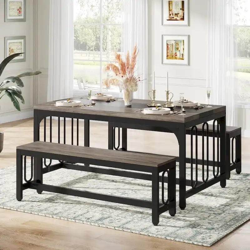 Table de cuisine de 140 cm avec 2 bancs, ensemble de salle à manger pour 4 à 6 personnes