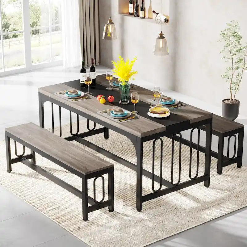 Table de cuisine de 140 cm avec 2 bancs, ensemble de salle à manger pour 4 à 6 personnes