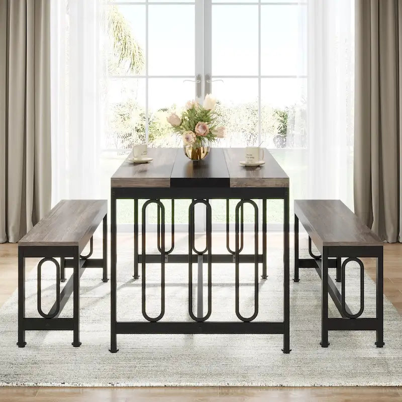 Table de cuisine de 140 cm avec 2 bancs, ensemble de salle à manger pour 4 à 6 personnes