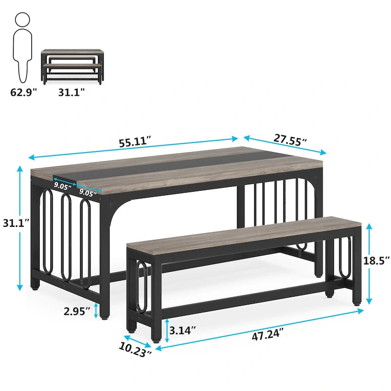 Table de cuisine de 140 cm avec 2 bancs, ensemble de salle à manger pour 4 à 6 personnes