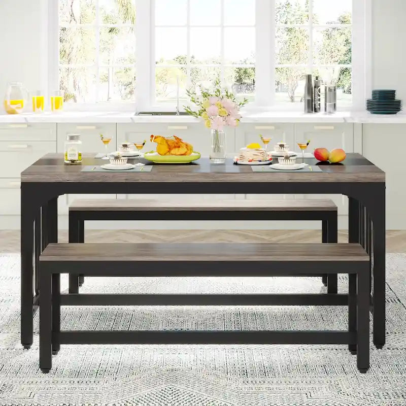 Table de cuisine de 140 cm avec 2 bancs, ensemble de salle à manger pour 4 à 6 personnes
