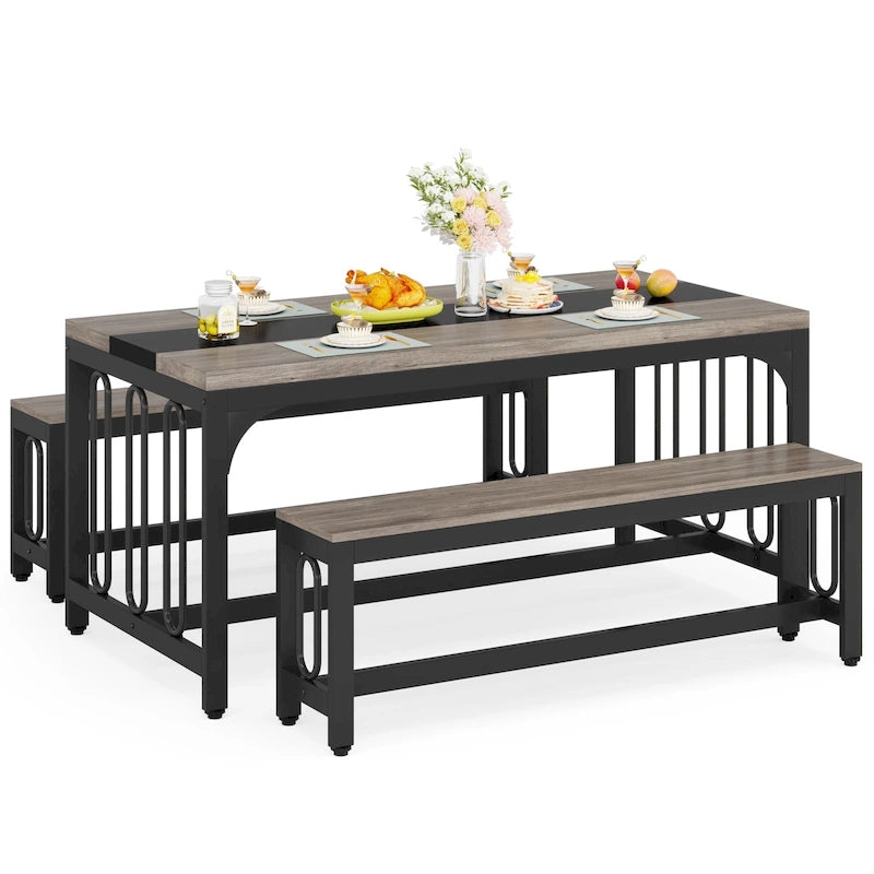 Table de cuisine de 140 cm avec 2 bancs, ensemble de salle à manger pour 4 à 6 personnes