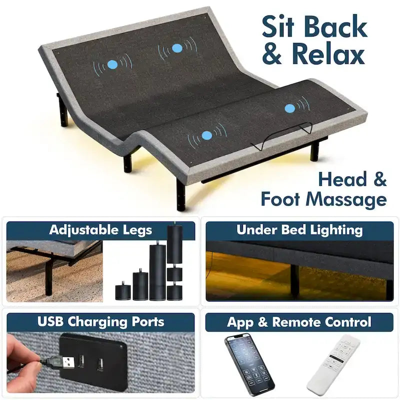 Base de lit réglable Renanim avec matelas hybride de 12 pouces, double massage, ports USB, contrôle par application, lumière sous le lit, télécommande