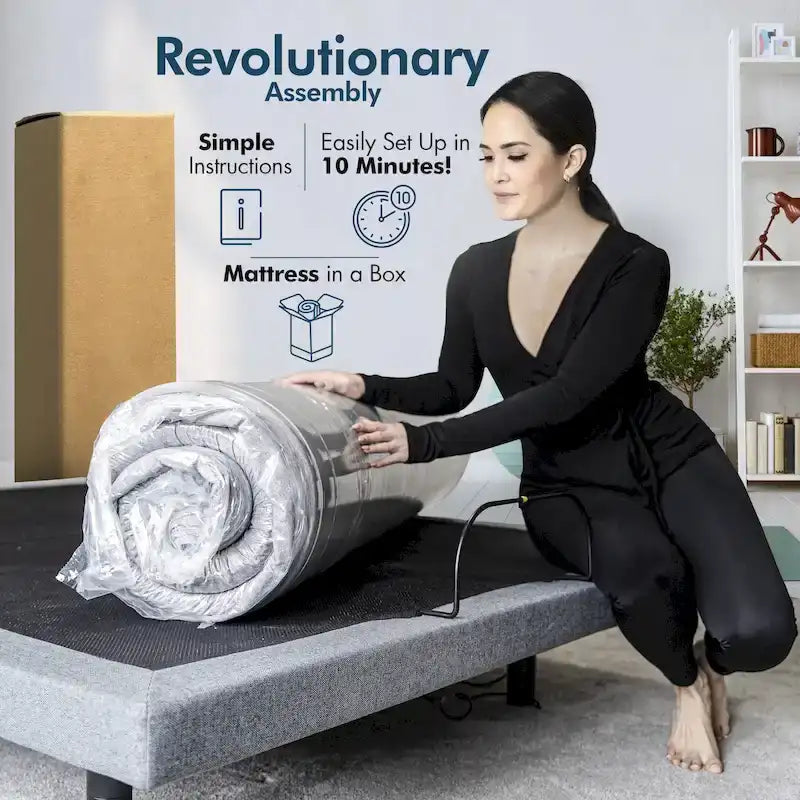 Base de lit réglable Renanim avec matelas hybride de 12 pouces, double massage, ports USB, contrôle par application, lumière sous le lit, télécommande