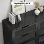 Commode double moderne noire à 6 tiroirs avec façade en rotin pour chambre à coucher