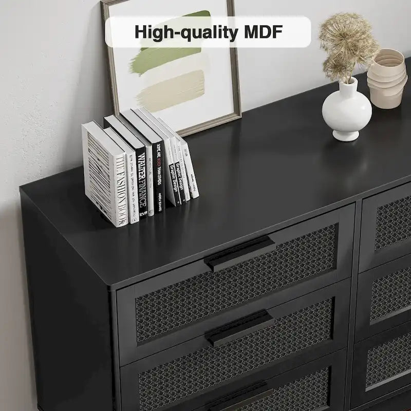 Commode double moderne noire à 6 tiroirs avec façade en rotin pour chambre à coucher