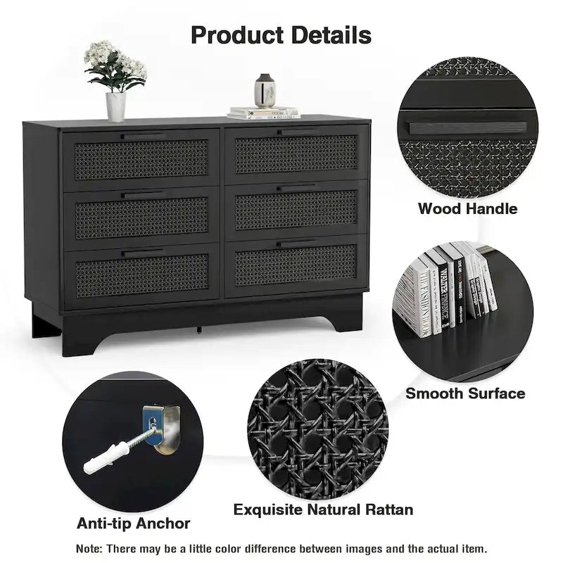 Commode double moderne noire à 6 tiroirs avec façade en rotin pour chambre à coucher