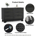 Commode double moderne noire à 6 tiroirs avec façade en rotin pour chambre à coucher