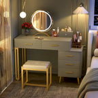 Coiffeuse avec tabouret et miroir LED, coiffeuse moderne avec 6 tiroirs de rangement