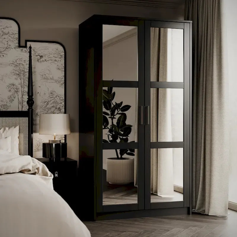 Armoire penderie 2 portes en bois massif avec portes miroir ou panneau