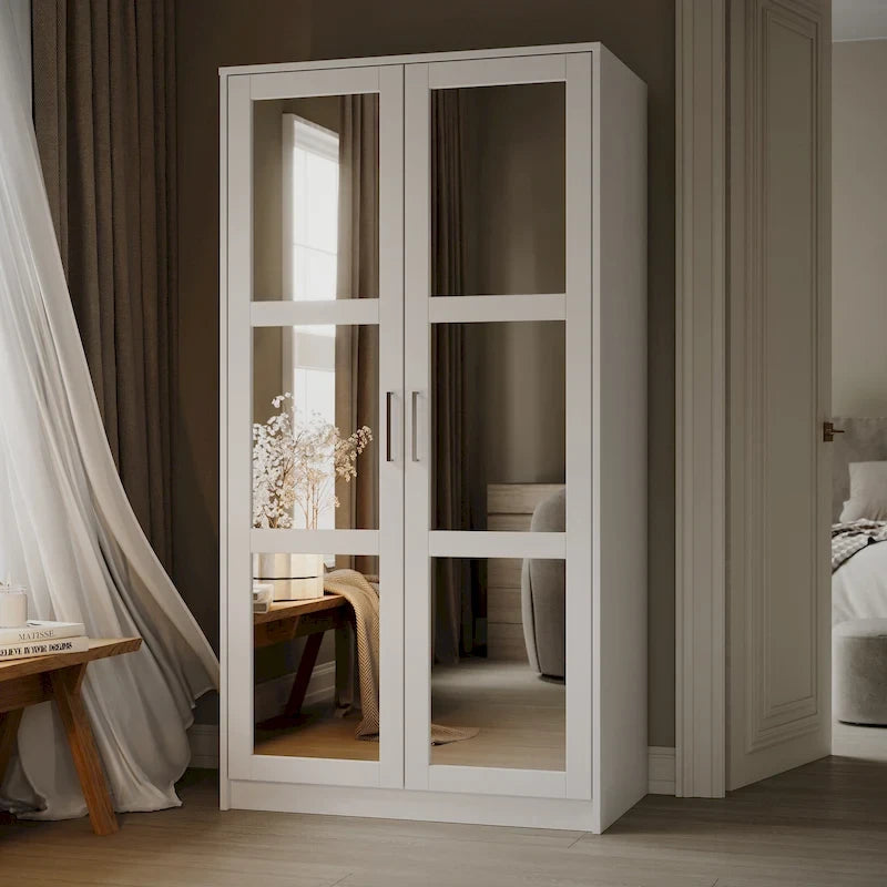 Armoire penderie 2 portes en bois massif avec portes miroir ou panneau