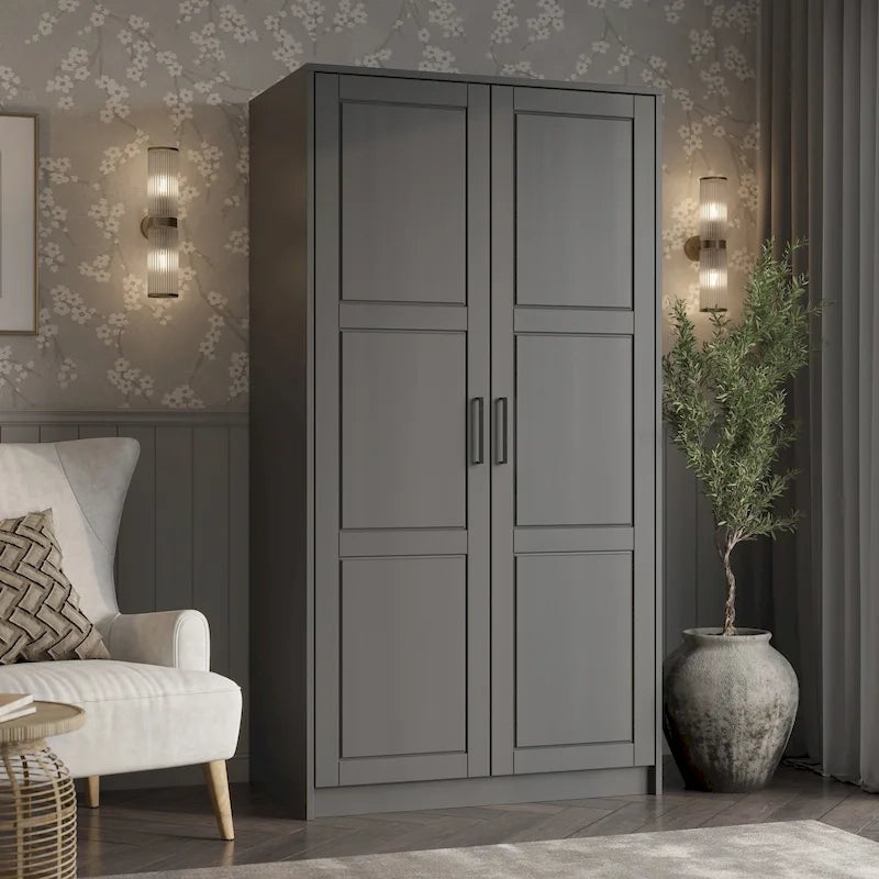 Armoire penderie 2 portes en bois massif avec portes miroir ou panneau