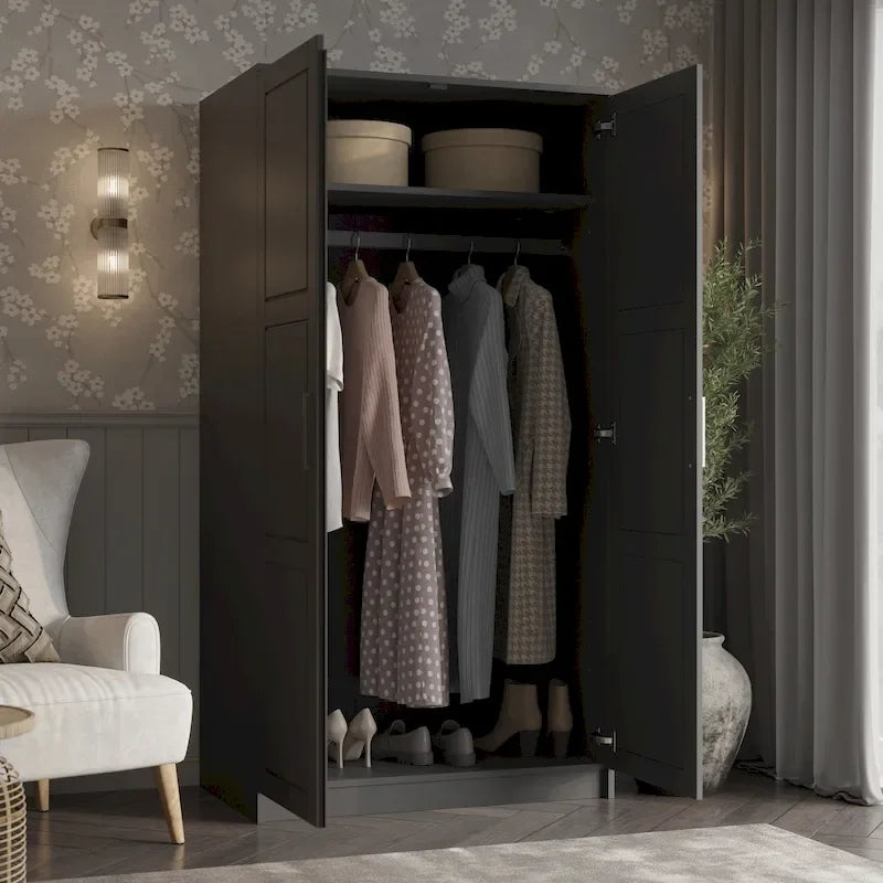 Armoire penderie 2 portes en bois massif avec portes miroir ou panneau